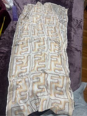 Fendi White Scarf with Yellow and Brown Geometric Motif